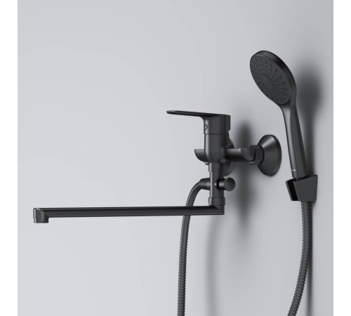 Смеситель для ванны и душа AM.PM Gem матовый черный с длинным изливом и душевым набором F90A90122