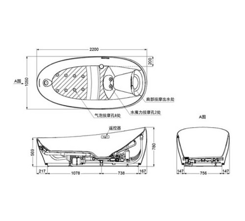 Ванна отдельностоящая TOTO Neorest с гидро и аэромассажем 220x105x78 см PJYD2200PWEE#GW