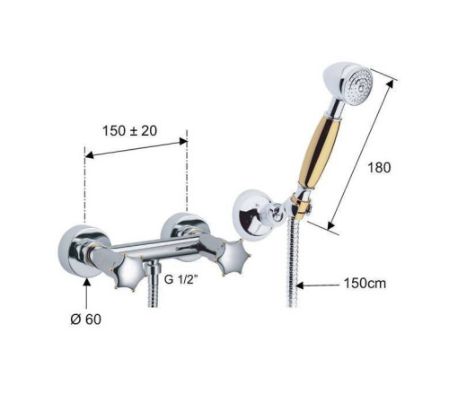 Смеситель для душа с душевым комплектом Daniel Miss настенный хром/золото MI4433A cr/do