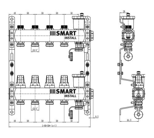 Комплект коллекторов Smart Install с балансировочными и термостатическими клапанами 1 x 3/4 EK 4 выхода 53134S