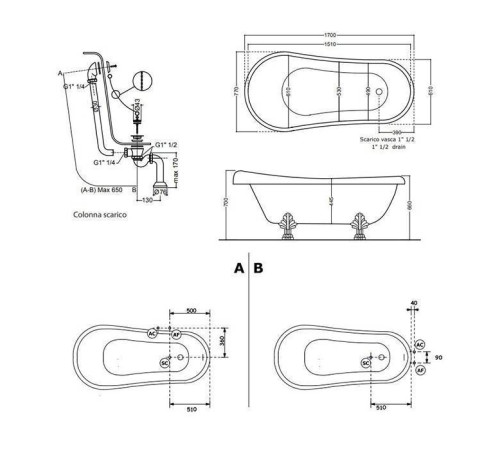 Ванна отдельностоящая Kerasan Retro 170х77 см белая ножки хром 105590