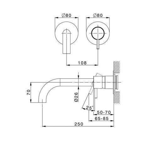 Смеситель для раковины Cisal Less New настенный излив 250 мм черный матовый LN00551E40