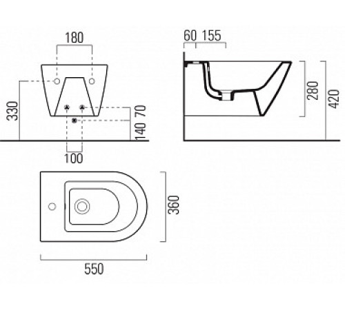 Биде подвесное GSI Kube X 550x360 мм с отверстием под смеситель без крепежа 9465111