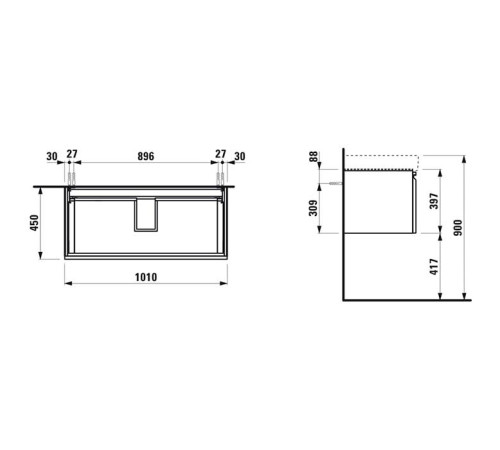Тумба с раковиной Laufen Pro S 101x45x39 см подвесная 1 ящик белый матовый 8.1396.6.000.104.1/4.8355.2.096.463.1