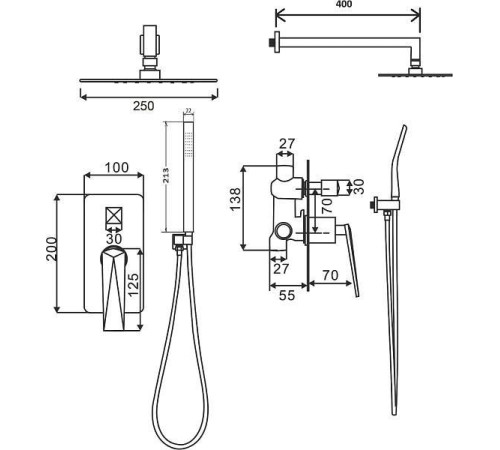 Душевая система Boheme Venturo встраиваемая со смесителем верхним и ручным душем темная сталь 374-SGM