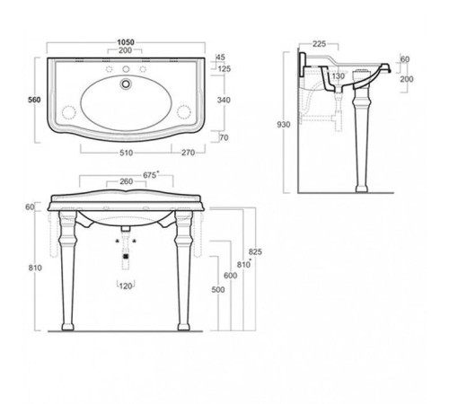 Консоль напольная с раковиной TW Bristol 874.3 105x56 см 1 отв. белый/золото TWBR874.3oro/AR874bi*1