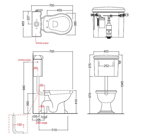 Унитаз приставной Kerasan Retro 72х38.5 см с низким бачком слив в пол белый/золото 107201/101001/760391/757091/757191