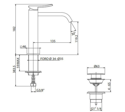 Смеситель для раковины Gattoni ELY высота 182 мм излив 135 мм хром 8844/88C0