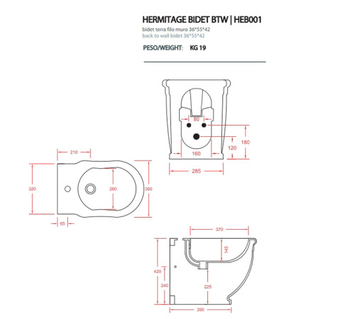 Биде напольное Artceram HERMITAGE 55х36 см пристенное HEB001 01 00