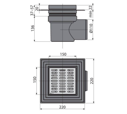 Трап для душа Alca 150х150 мм боковой выпуск 110 мм нержавеющая сталь APV12