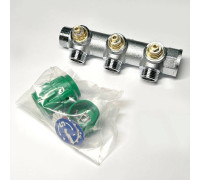 Коллектор распределительный Uni-Fitt 3/4 НВ 3 выхода 1/2 45 мм с вентилями под 90 градусов хромированный 414C3230