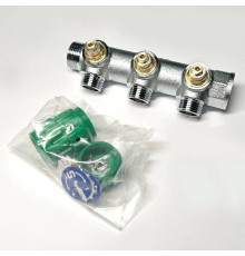 Коллектор распределительный Uni-Fitt 3/4 НВ 3 выхода 1/2 45 мм с вентилями под 90 градусов хромированный 414C3230