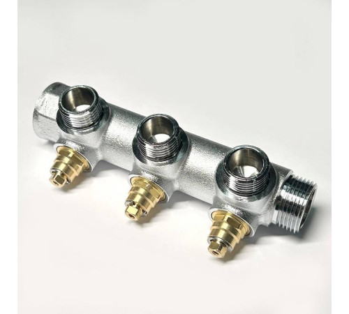 Коллектор распределительный Uni-Fitt 3/4 НВ 3 выхода 1/2 45 мм с вентилями под 90 градусов хромированный 414C3230