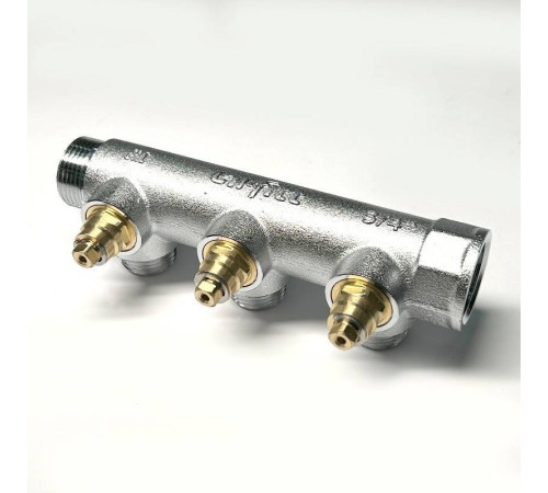 Коллектор распределительный Uni-Fitt 3/4 НВ 3 выхода 1/2 45 мм с вентилями под 90 градусов хромированный 414C3230