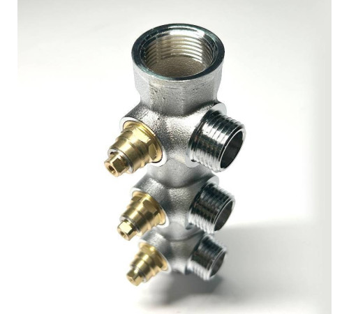 Коллектор распределительный Uni-Fitt 3/4 НВ 3 выхода 1/2 45 мм с вентилями под 90 градусов хромированный 414C3230
