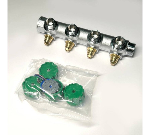 Коллектор распределительный Uni-Fitt 3/4 НВ 4 выхода 1/2 45 мм с вентилями под 90 градусов хромированный 414C3240