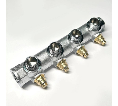 Коллектор распределительный Uni-Fitt 3/4 НВ 4 выхода 1/2 45 мм с вентилями под 90 градусов хромированный 414C3240