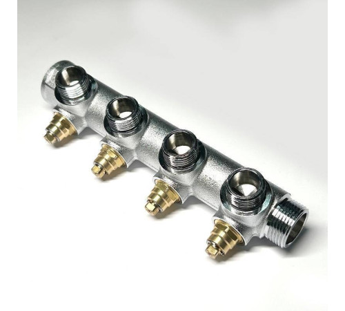 Коллектор распределительный Uni-Fitt 3/4 НВ 4 выхода 1/2 45 мм с вентилями под 90 градусов хромированный 414C3240