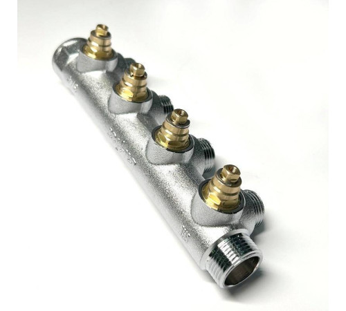 Коллектор распределительный Uni-Fitt 3/4 НВ 4 выхода 1/2 45 мм с вентилями под 90 градусов хромированный 414C3240