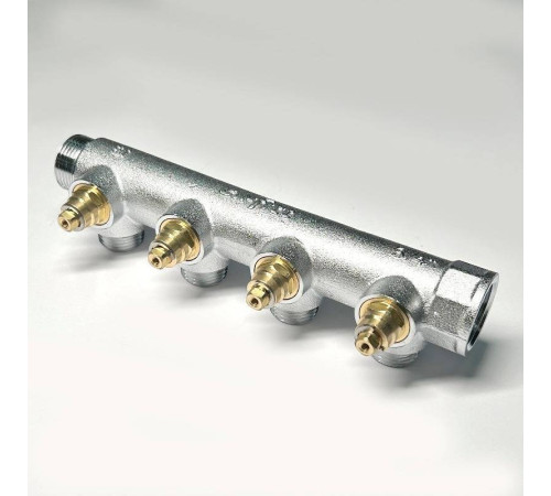 Коллектор распределительный Uni-Fitt 3/4 НВ 4 выхода 1/2 45 мм с вентилями под 90 градусов хромированный 414C3240