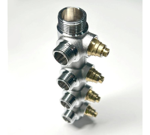 Коллектор распределительный Uni-Fitt 3/4 НВ 4 выхода 1/2 45 мм с вентилями под 90 градусов хромированный 414C3240