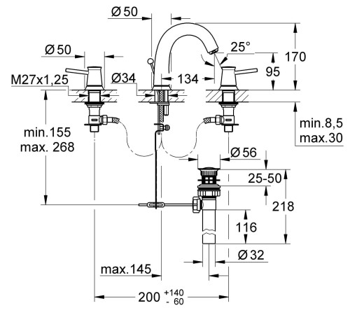 Смеситель для раковины Grohe BauClassic на 3 отверстия хром 20470000