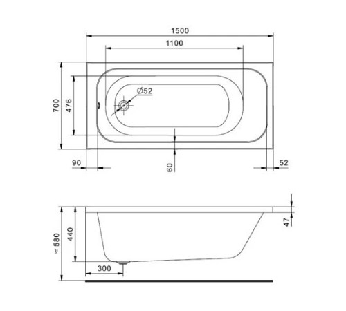 Ванна акриловая прямоугольная Santek Ламма 150х70 см 1.WH50.1.746