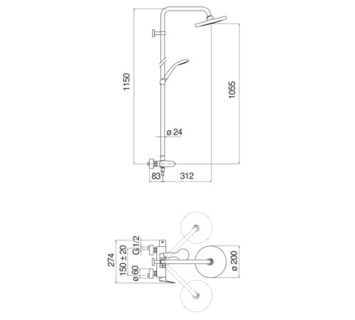 Душевая система Bravat Blues с верхним душем 20 см BS101130/30CR