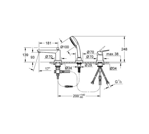 Смеситель для ванны на 3 отверстия GROHE BauEdge хром 2511700A
