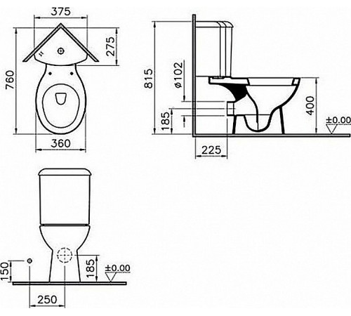 Унитаз угловой напольный VitrA Arkitekt со стандартным сиденьем 9754B003-7200