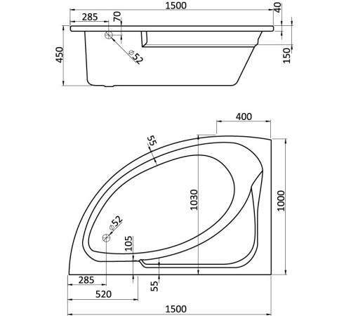 Ванна акриловая асимметричная Triton Гоа 150х100 см левосторонняя белая 1.WH11.2.033