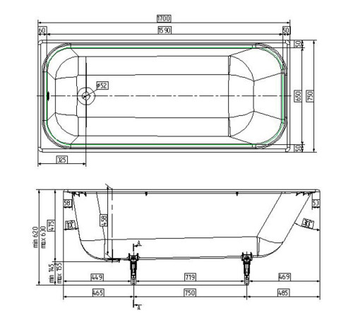 Ванна чугунная Wotte Start 1700х750х458 мм с отверстиями для ручек Start 1700x750UR