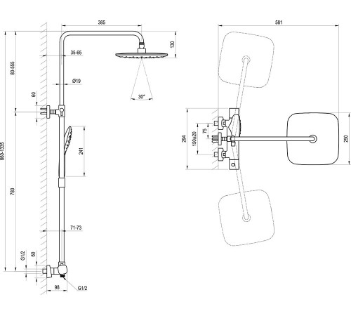 Душевая стойка с термостатическим смесителем и ручным душем RAVAK TD F 091.20/150 черный X070160
