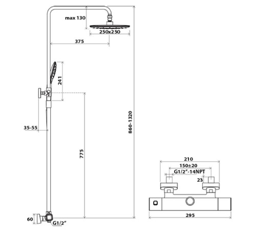 Душевая стойка с термостатическим смесителем и ручным душем RAVAK TD F 091.20/150 черный X070160