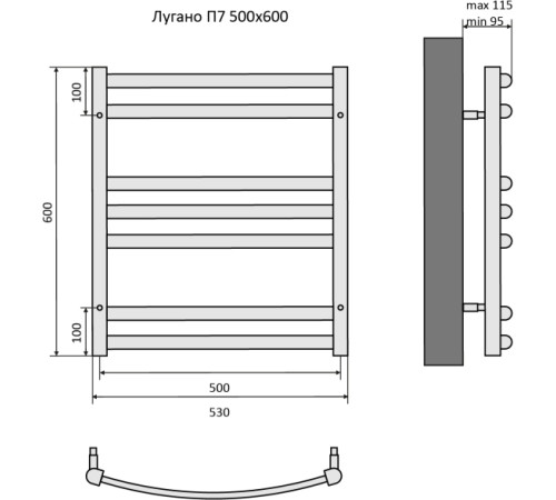 Полотенцесушитель водяной Aquatek Лугано П7 500х600 мм черный муар AQ DOC0760BL