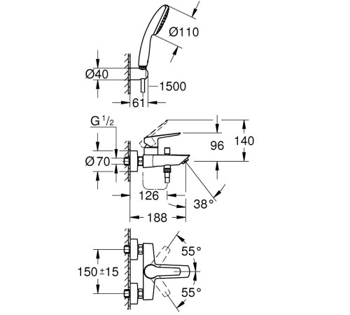 Смеситель для ванны GROHE Eurosmart с душевым набором Tempesta 110 хром 25276003