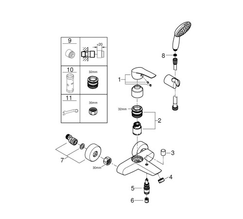 Смеситель для ванны GROHE Eurosmart с душевым набором Tempesta 110 хром 25276003