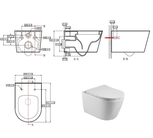 Унитаз подвесной безободковый Aquanet Betta 531х360х344 мм с сиденьем микролифт AQ1253W-00
