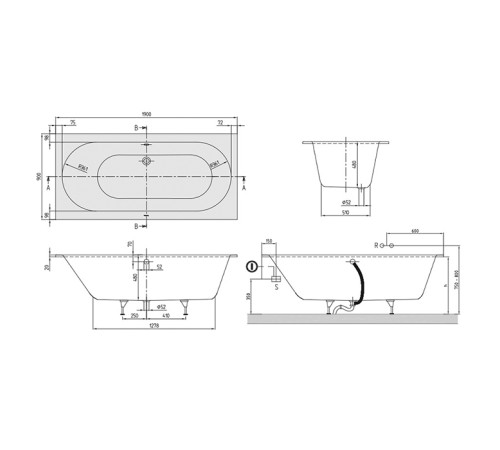 Ванна встраиваемая прямоугольная Villeroy & Boch Oberon 190x90x48 см Quaryl с ножками белый UBQ199OBE2V-01