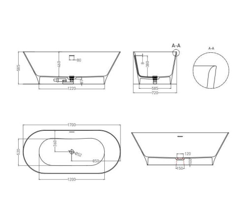 Ванна отдельностоящая Salini Mona 170х72х58.5 см S-Sense белый глянцевый 102912G