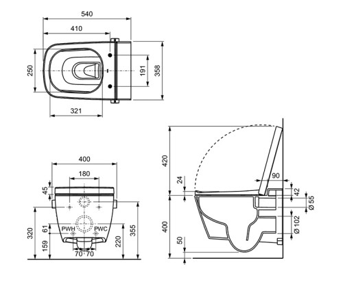 Унитаз-биде подвесной TECE TECEone 54х35 см безободковый смыв Tornado с сиденьем 9700216