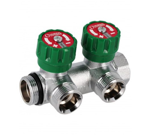 Коллектор латунный никелированный Hoobs 3/4х3/4 EK с запорно-балансировочными клапанами 2 выхода 03101H