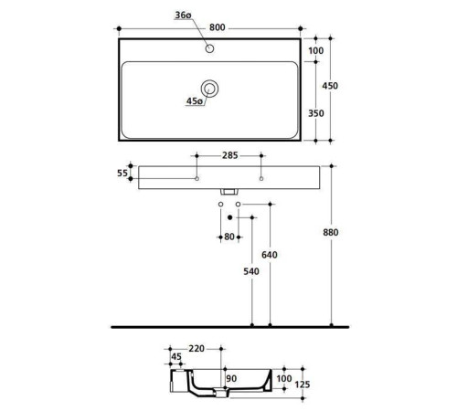 Раковина подвесная Kerasan Cento 80х45 см 1 отверстие 353301