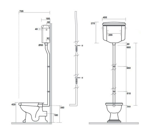 Унитаз напольный Kerasan Retro 72х38.5 см с высоким бачком слив в стену белый/хром 754590/101101/108001/760390/757390