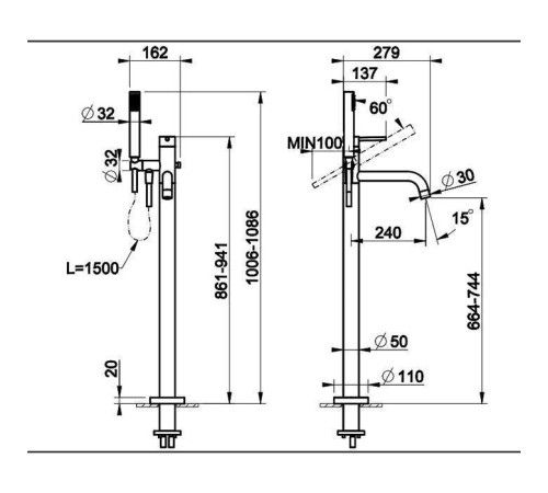 Смеситель для ванны напольный Gessi Emporio Via Tortona с душевой лейкой Finox Brushed Nickel 24943#149