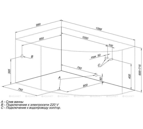 Ванна акриловая Aquanet Capri 160x100 L левосторонняя с каркасом и сливом-переливом 00205476