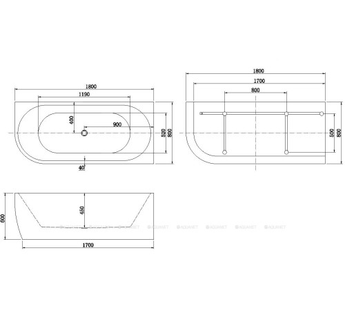 Ванна акриловая Aquanet Family Elegant B 1800x800 мм со сливом-переливом белый глянец 3806-N-GW