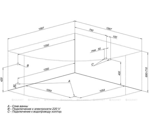 Ванна акриловая Aquanet Santiago 160x160 см к/с55 00205545