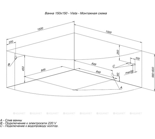 Ванна акриловая Aquanet Vista 150x150 см 00254381