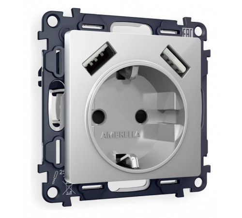 Розетка с заземлением и со шторкой и 2хUSB type A, без рамки Ambrella Volt Quant MA409010